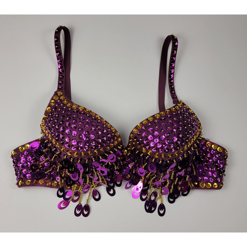 Purple Sequin Beaded Belly Dance Bra Top Festival Rave Costume Katseye Disco
